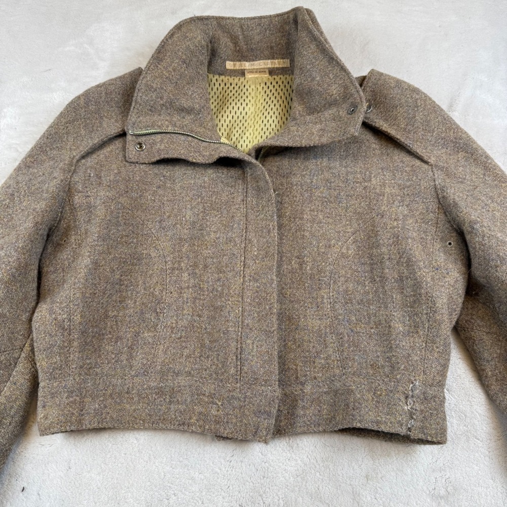 Stella McCartney Cropped Wool Blend Tweed Jacket Brown Tan Mesh Lining IT 42 - Picture 2 of 9